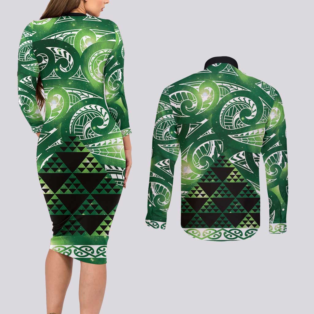 Matariki New Zealand Couples Matching Long Sleeve Bodycon Dress and Long Sleeve Button Shirt NZ Niho Taniwha Maori New Year Green Galaxy
