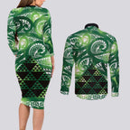Matariki New Zealand Couples Matching Long Sleeve Bodycon Dress and Long Sleeve Button Shirt NZ Niho Taniwha Maori New Year Green Galaxy