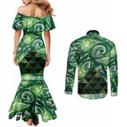 Matariki New Zealand Couples Matching Mermaid Dress and Long Sleeve Button Shirt NZ Niho Taniwha Maori New Year Green Galaxy