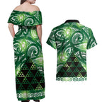 Matariki New Zealand Couples Matching Off Shoulder Maxi Dress and Hawaiian Shirt NZ Niho Taniwha Maori New Year Green Galaxy