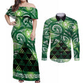 Matariki New Zealand Couples Matching Off Shoulder Maxi Dress and Long Sleeve Button Shirt NZ Niho Taniwha Maori New Year Green Galaxy