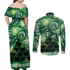Matariki New Zealand Couples Matching Off Shoulder Maxi Dress and Long Sleeve Button Shirt NZ Niho Taniwha Maori New Year Green Galaxy