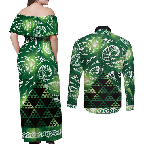 Matariki New Zealand Couples Matching Off Shoulder Maxi Dress and Long Sleeve Button Shirt NZ Niho Taniwha Maori New Year Green Galaxy