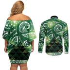 Matariki New Zealand Couples Matching Off Shoulder Short Dress and Long Sleeve Button Shirt NZ Niho Taniwha Maori New Year Green Galaxy