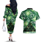 Matariki New Zealand Couples Matching Off The Shoulder Long Sleeve Dress and Hawaiian Shirt NZ Niho Taniwha Maori New Year Green Galaxy
