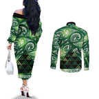 Matariki New Zealand Couples Matching Off The Shoulder Long Sleeve Dress and Long Sleeve Button Shirt NZ Niho Taniwha Maori New Year Green Galaxy