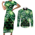 Matariki New Zealand Couples Matching Short Sleeve Bodycon Dress and Long Sleeve Button Shirt NZ Niho Taniwha Maori New Year Green Galaxy