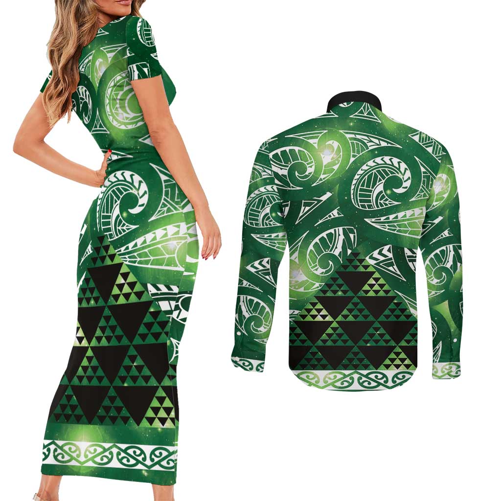 Matariki New Zealand Couples Matching Short Sleeve Bodycon Dress and Long Sleeve Button Shirt NZ Niho Taniwha Maori New Year Green Galaxy