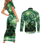 Matariki New Zealand Couples Matching Short Sleeve Bodycon Dress and Long Sleeve Button Shirt NZ Niho Taniwha Maori New Year Green Galaxy