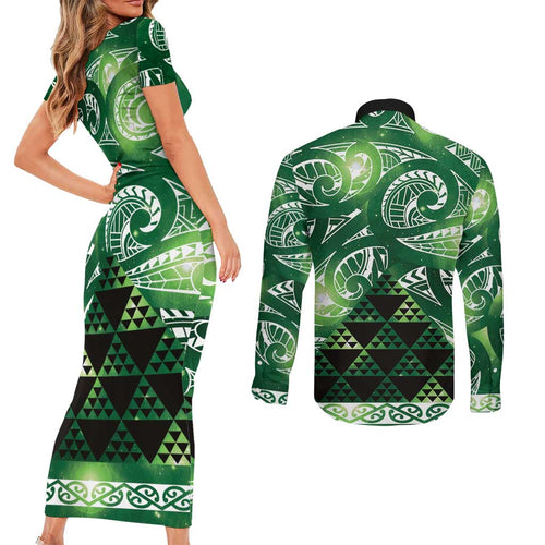 Matariki New Zealand Couples Matching Short Sleeve Bodycon Dress and Long Sleeve Button Shirt NZ Niho Taniwha Maori New Year Green Galaxy