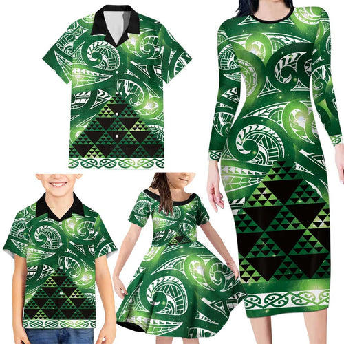 Matariki New Zealand Family Matching Long Sleeve Bodycon Dress and Hawaiian Shirt NZ Niho Taniwha Maori New Year Green Galaxy