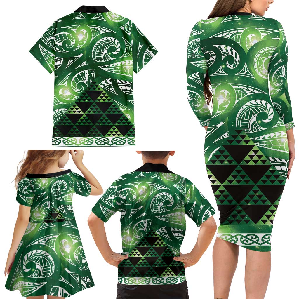 Matariki New Zealand Family Matching Long Sleeve Bodycon Dress and Hawaiian Shirt NZ Niho Taniwha Maori New Year Green Galaxy