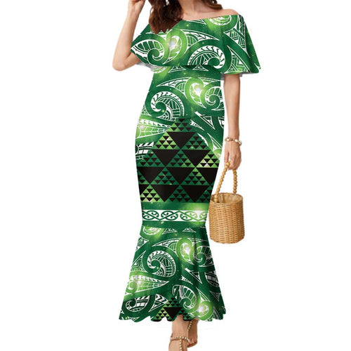 Matariki New Zealand Family Matching Mermaid Dress and Hawaiian Shirt NZ Niho Taniwha Maori New Year Green Galaxy