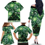 Matariki New Zealand Family Matching Off The Shoulder Long Sleeve Dress and Hawaiian Shirt NZ Niho Taniwha Maori New Year Green Galaxy
