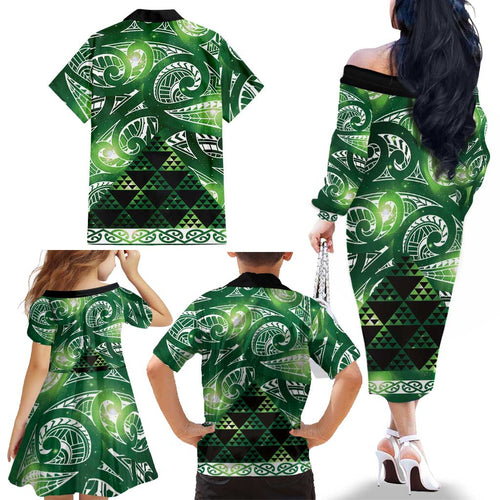 Matariki New Zealand Family Matching Off The Shoulder Long Sleeve Dress and Hawaiian Shirt NZ Niho Taniwha Maori New Year Green Galaxy