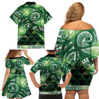 Matariki New Zealand Family Matching Off Shoulder Short Dress and Hawaiian Shirt NZ Niho Taniwha Maori New Year Green Galaxy