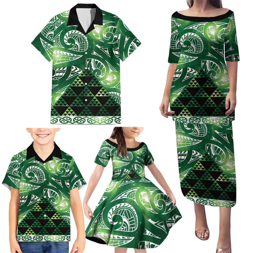 Matariki New Zealand Family Matching Puletasi and Hawaiian Shirt NZ Niho Taniwha Maori New Year Green Galaxy