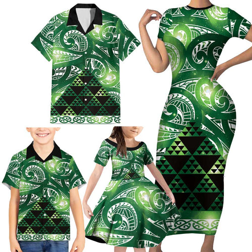 Matariki New Zealand Family Matching Short Sleeve Bodycon Dress and Hawaiian Shirt NZ Niho Taniwha Maori New Year Green Galaxy