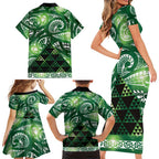 Matariki New Zealand Family Matching Short Sleeve Bodycon Dress and Hawaiian Shirt NZ Niho Taniwha Maori New Year Green Galaxy