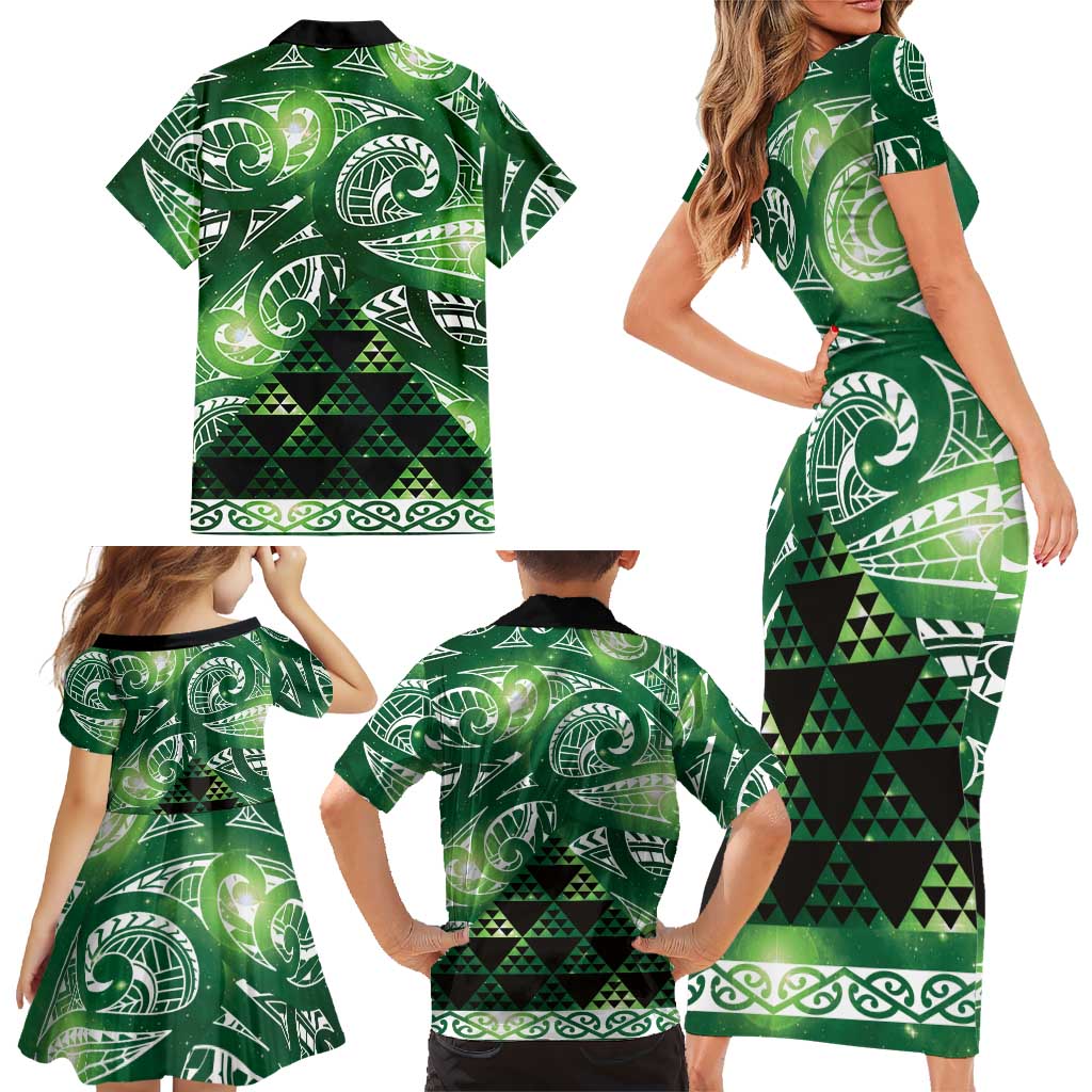 Matariki New Zealand Family Matching Short Sleeve Bodycon Dress and Hawaiian Shirt NZ Niho Taniwha Maori New Year Green Galaxy