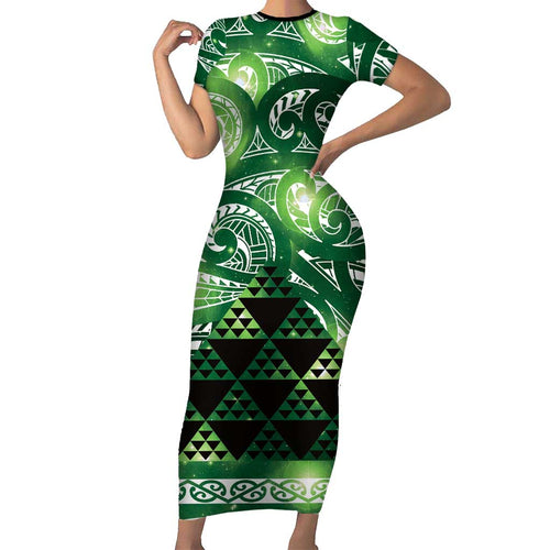Matariki New Zealand Family Matching Short Sleeve Bodycon Dress and Hawaiian Shirt NZ Niho Taniwha Maori New Year Green Galaxy