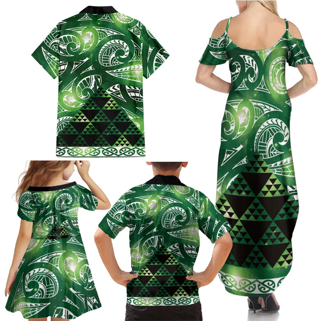 Matariki New Zealand Family Matching Summer Maxi Dress and Hawaiian Shirt NZ Niho Taniwha Maori New Year Green Galaxy