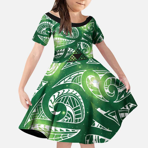Matariki New Zealand Family Matching Tank Maxi Dress and Hawaiian Shirt NZ Niho Taniwha Maori New Year Green Galaxy