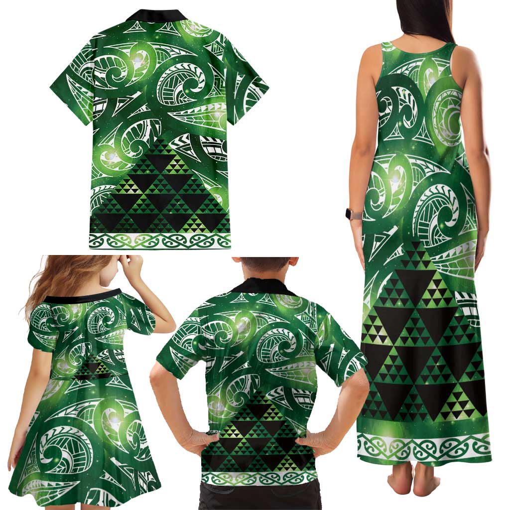 Matariki New Zealand Family Matching Tank Maxi Dress and Hawaiian Shirt NZ Niho Taniwha Maori New Year Green Galaxy