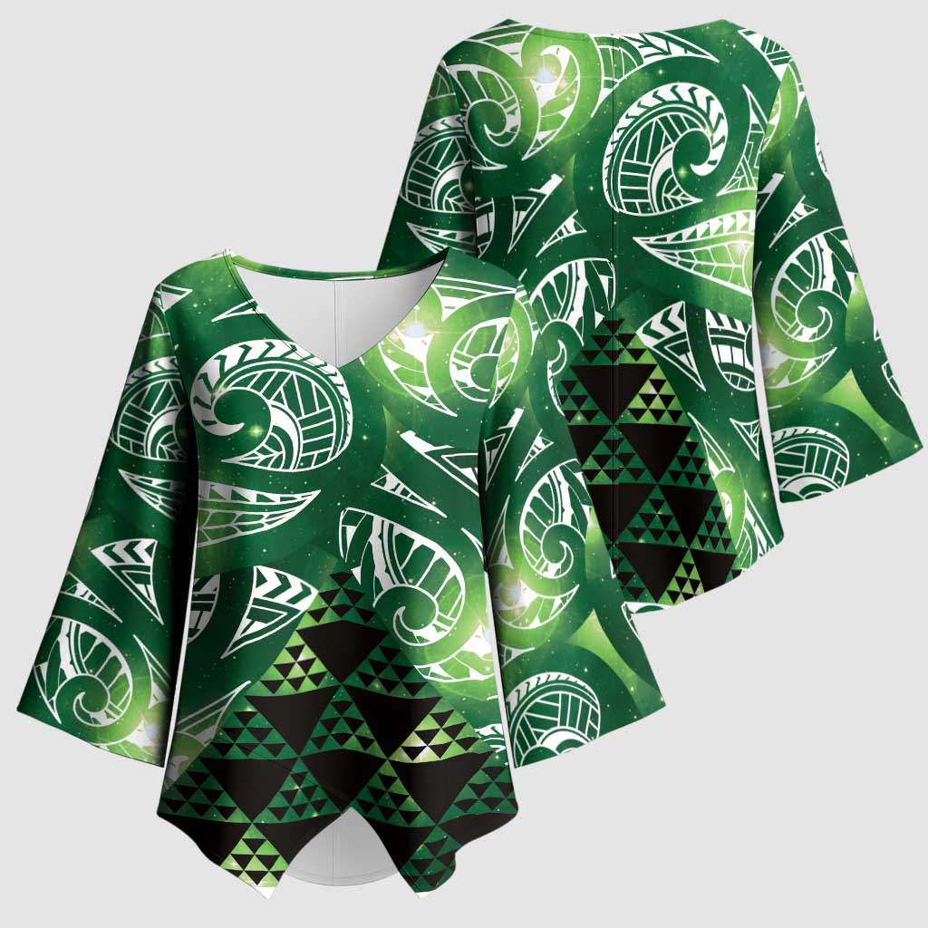Matariki New Zealand Kimono Sleeve Blouse NZ Niho Taniwha Maori New Year Green Galaxy