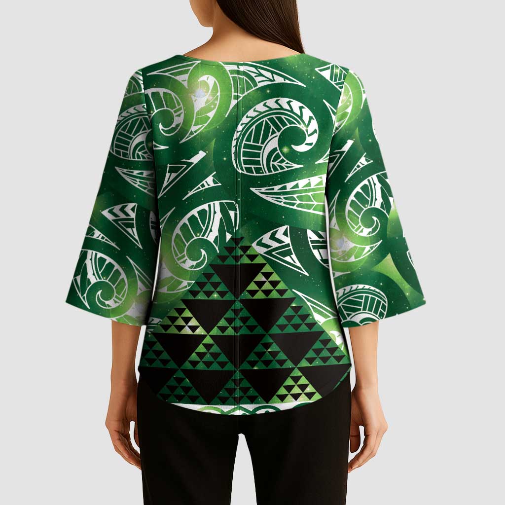 Matariki New Zealand Kimono Sleeve Blouse NZ Niho Taniwha Maori New Year Green Galaxy