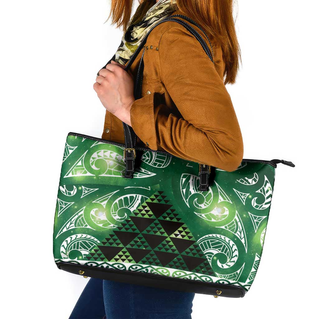 Matariki New Zealand Leather Tote Bag NZ Niho Taniwha Maori New Year Green Galaxy