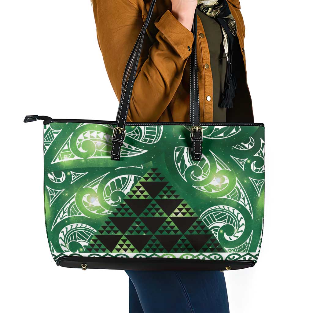 Matariki New Zealand Leather Tote Bag NZ Niho Taniwha Maori New Year Green Galaxy