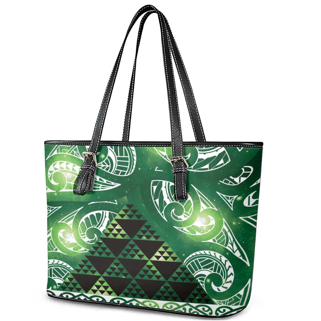 Matariki New Zealand Leather Tote Bag NZ Niho Taniwha Maori New Year Green Galaxy