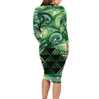 Matariki New Zealand Long Sleeve Bodycon Dress NZ Niho Taniwha Maori New Year Green Galaxy