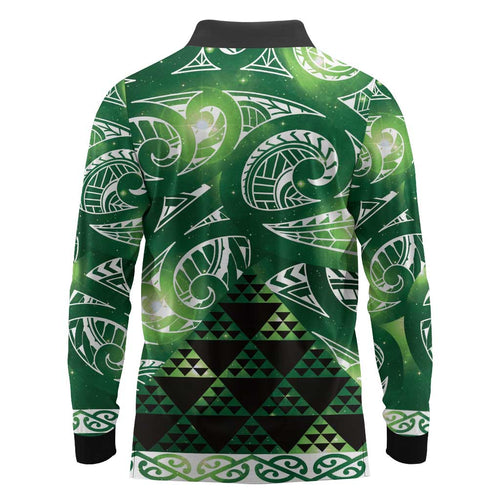 Matariki New Zealand Long Sleeve Polo Shirt NZ Niho Taniwha Maori New Year Green Galaxy