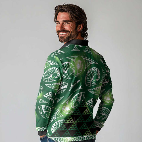 Matariki New Zealand Long Sleeve Polo Shirt NZ Niho Taniwha Maori New Year Green Galaxy