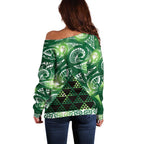 Matariki New Zealand Off Shoulder Sweater NZ Niho Taniwha Maori New Year Green Galaxy