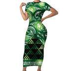 Matariki New Zealand Short Sleeve Bodycon Dress NZ Niho Taniwha Maori New Year Green Galaxy