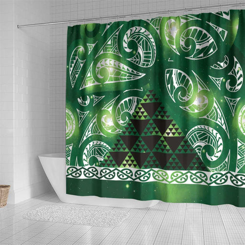Matariki New Zealand Shower Curtain NZ Niho Taniwha Maori New Year Green Galaxy