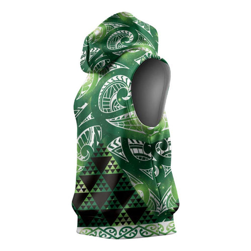 Matariki New Zealand Sleeveless Hoodie NZ Niho Taniwha Maori New Year Green Galaxy