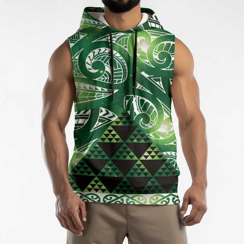 Matariki New Zealand Sleeveless Hoodie NZ Niho Taniwha Maori New Year Green Galaxy