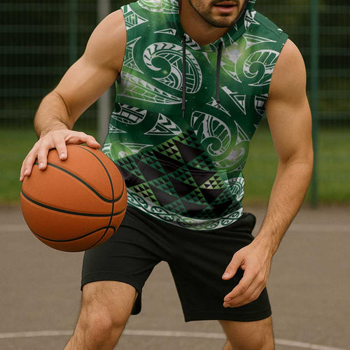 Matariki New Zealand Sleeveless Hoodie NZ Niho Taniwha Maori New Year Green Galaxy