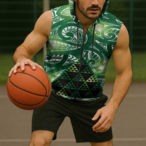 Matariki New Zealand Sleeveless Zip Hoodie NZ Niho Taniwha Maori New Year Green Galaxy