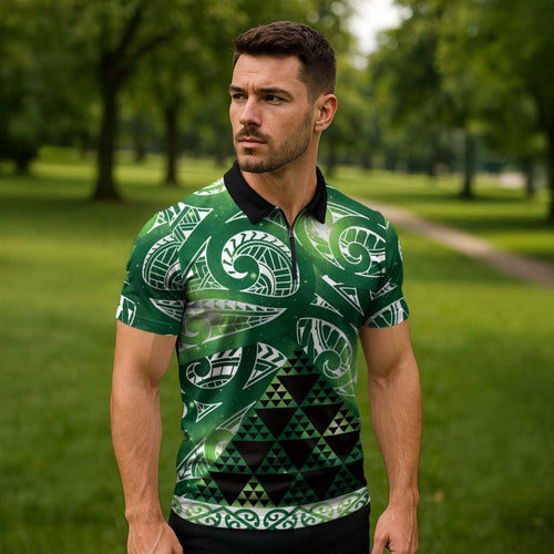 Matariki New Zealand Zipper Polo Shirt NZ Niho Taniwha Maori New Year Green Galaxy
