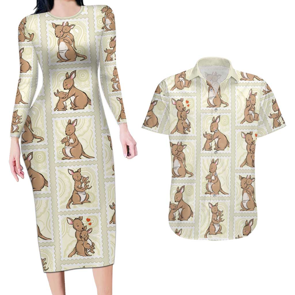 Kangaroo Australia Mother's Day Couples Matching Long Sleeve Bodycon Dress and Hawaiian Shirt Mum and Joey Memory Aboriginal Stamp Seamless Style