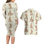 Kangaroo Australia Mother's Day Couples Matching Long Sleeve Bodycon Dress and Hawaiian Shirt Mum and Joey Memory Aboriginal Stamp Seamless Style