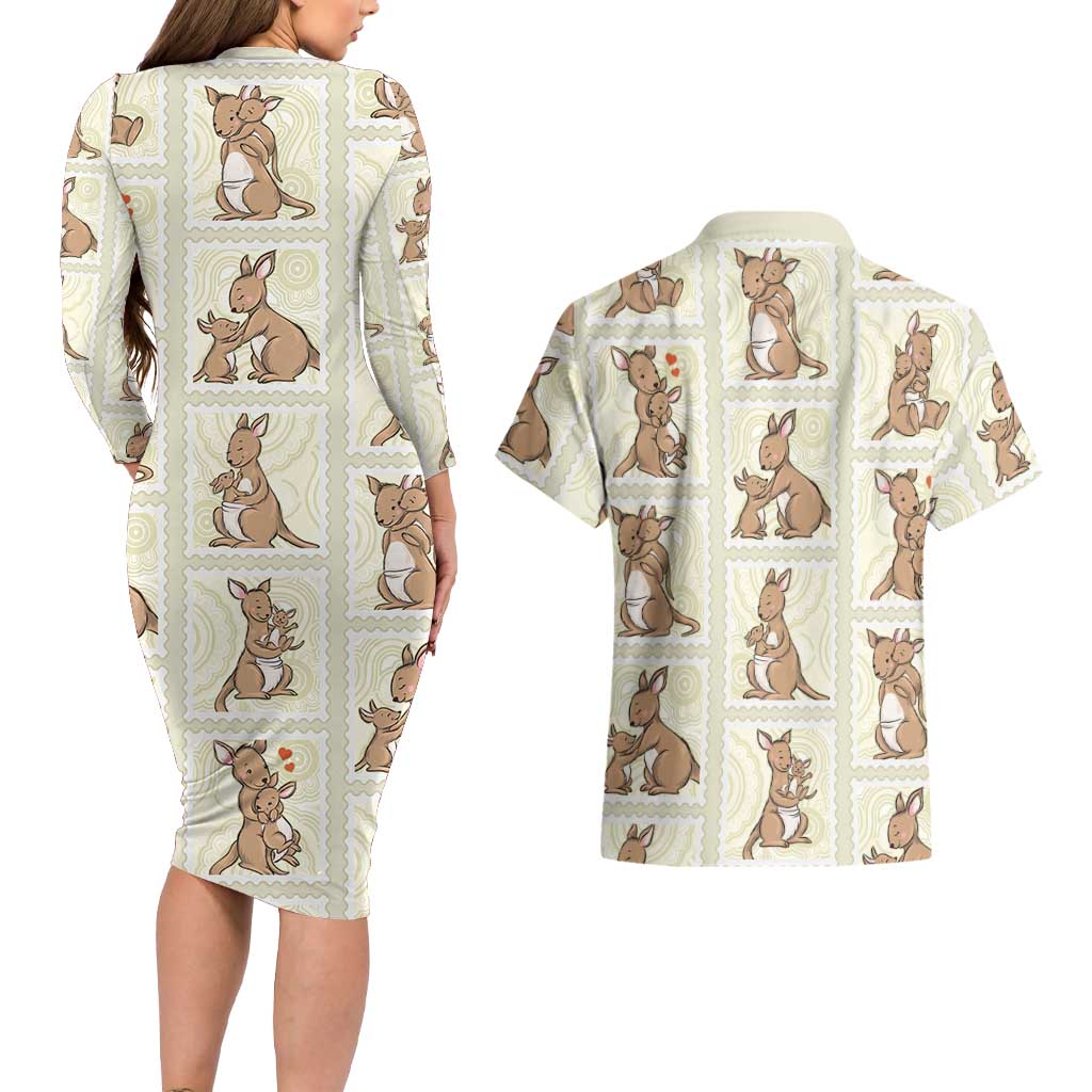 Kangaroo Australia Mother's Day Couples Matching Long Sleeve Bodycon Dress and Hawaiian Shirt Mum and Joey Memory Aboriginal Stamp Seamless Style