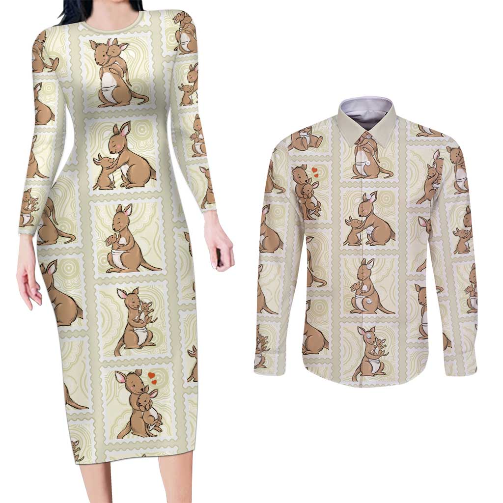 Kangaroo Australia Mother's Day Couples Matching Long Sleeve Bodycon Dress and Long Sleeve Button Shirt Mum and Joey Memory Aboriginal Stamp Seamless Style