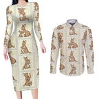 Kangaroo Australia Mother's Day Couples Matching Long Sleeve Bodycon Dress and Long Sleeve Button Shirt Mum and Joey Memory Aboriginal Stamp Seamless Style