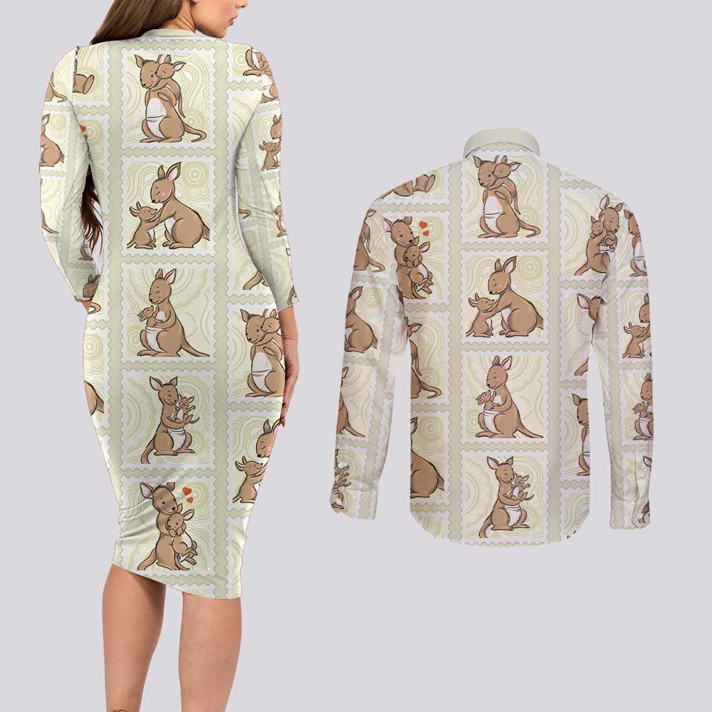 Kangaroo Australia Mother's Day Couples Matching Long Sleeve Bodycon Dress and Long Sleeve Button Shirt Mum and Joey Memory Aboriginal Stamp Seamless Style